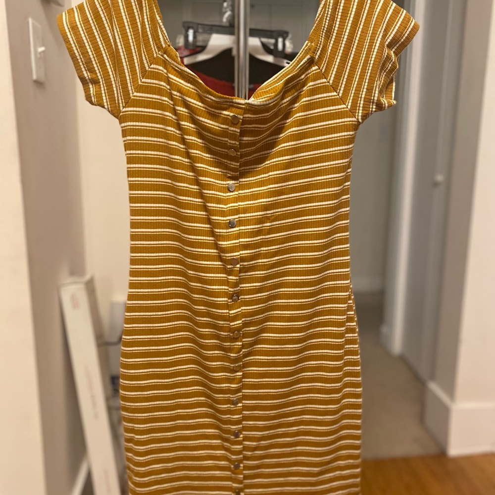 Yellow and white stripped off the shoulder dress.
